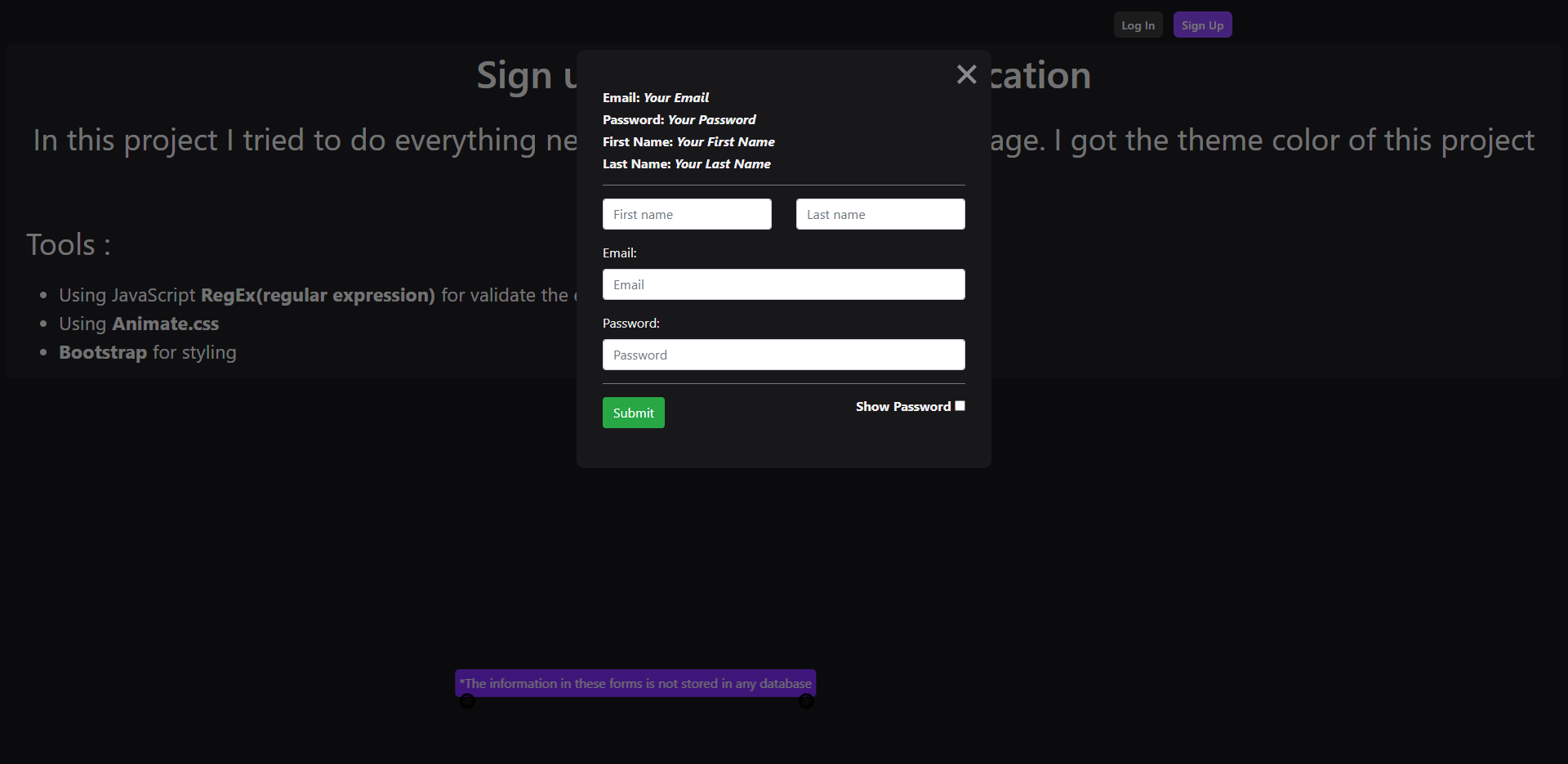 Login and sign up page project picture
